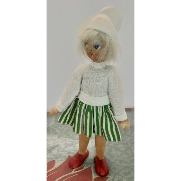 Vintage Polish Wooden Peg Doll 1950s Hat Skirt Jointed Collectible Doll 7 Inch - Picture 1 of 11
